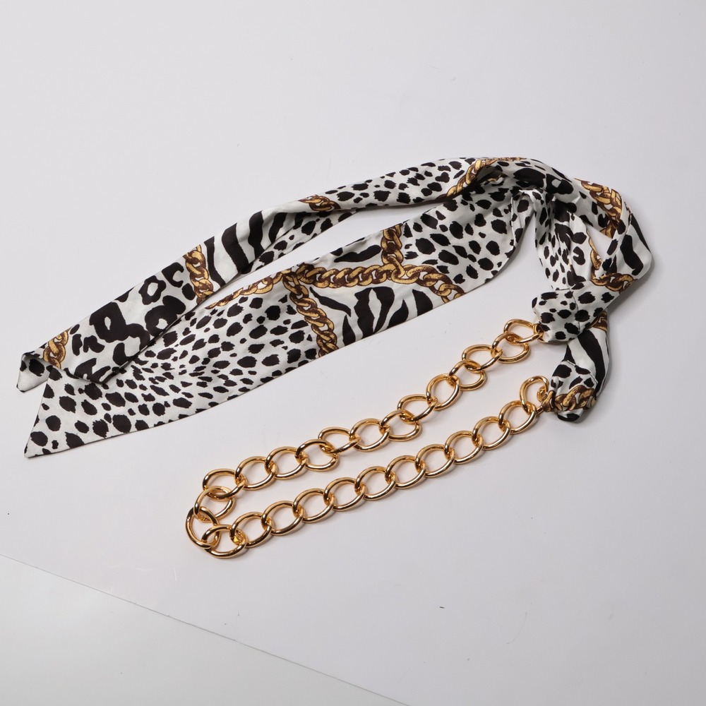 Gold Chain Leopard Zebra Print Scarf Belt Mixed Media Waist Tie Mob Wife Disco - Picture 3 of 5